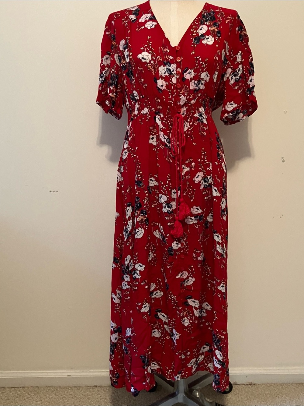 VTG Papillon 90s Floral Maxi Dress L Tie Waist Red Button Front Rayon Modest